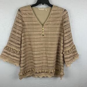 Soft Surroundings Shirt Womens Large Beige Lace Tassel Bell Sleeve Boho 2DX07